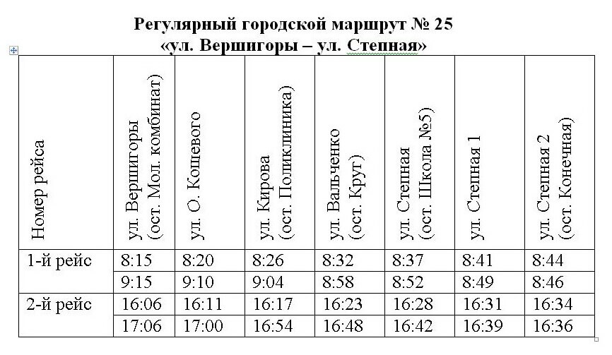 График движения социального маршрута №25