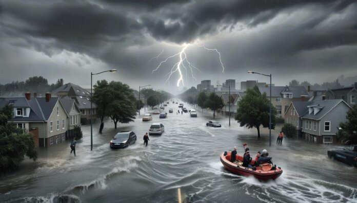 шторм, проливные дожди, наводнение в городе. Фото ИИ Кандинский