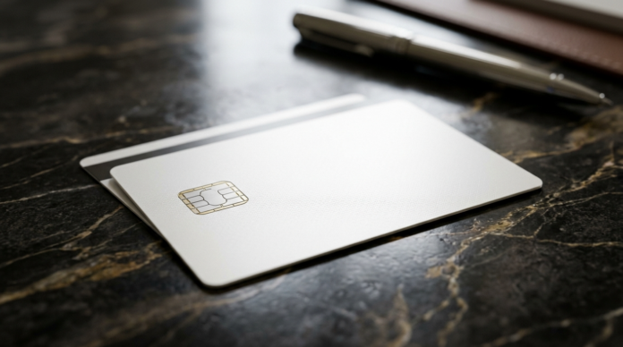 A_premium_luxury_white_bank_card_lying_on_an_elega