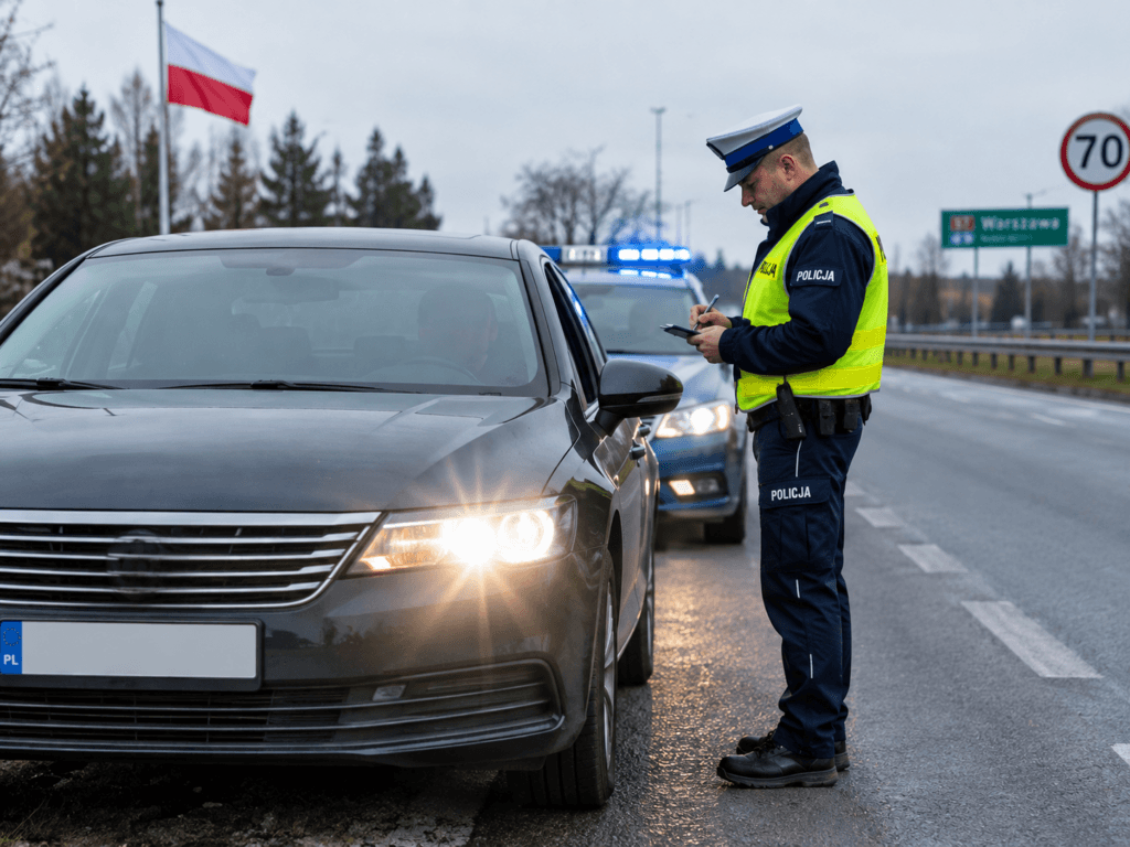 Польская полиция оформляет штраф на трассе